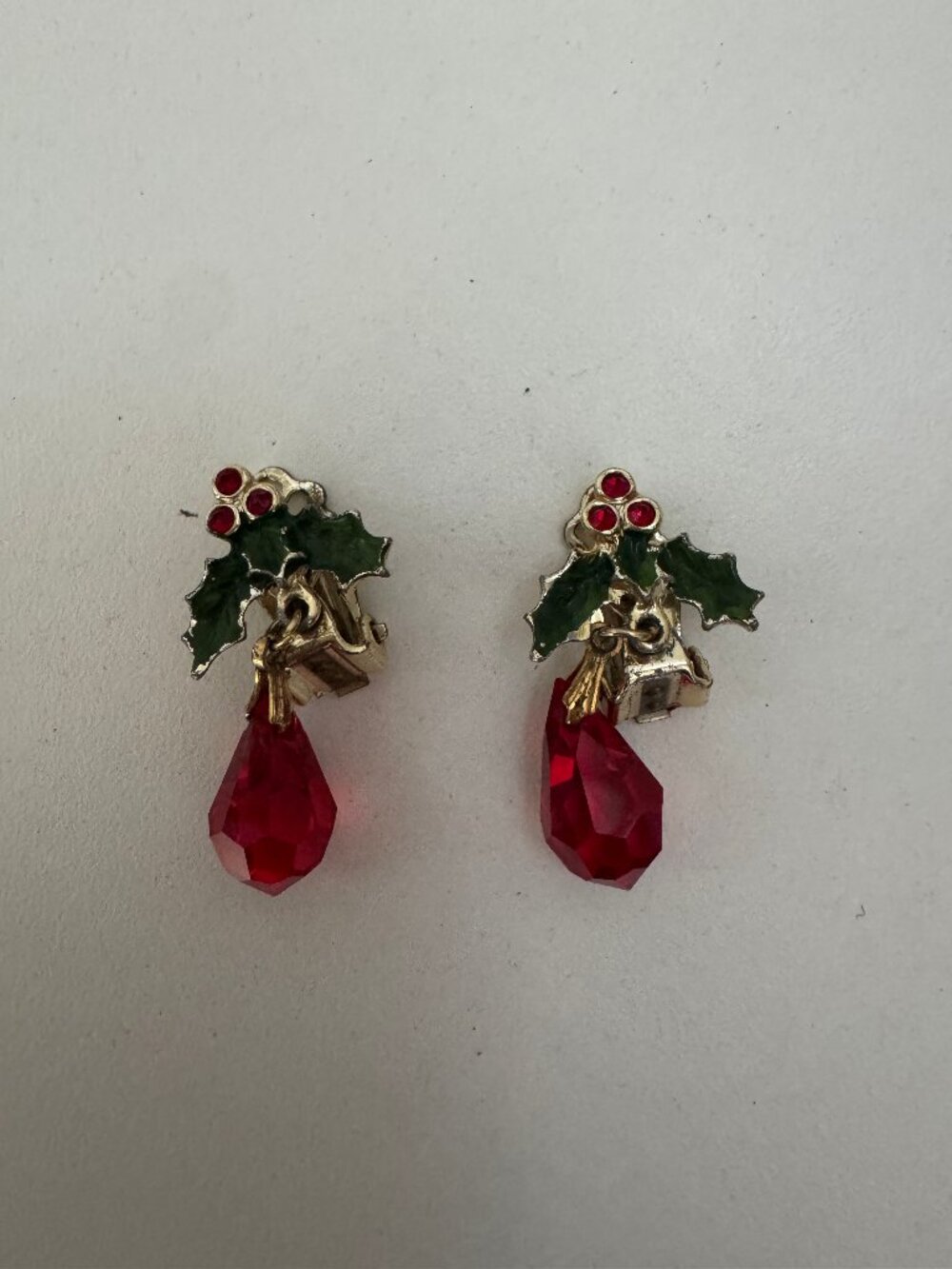 Vintage Christmas Holly Clip Earrings Red Teardrop Gold Tone